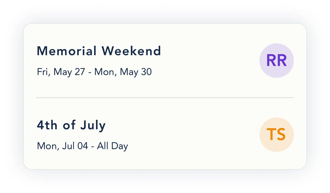 Image of Holiday entries on the OurFamilyWizard Calendar