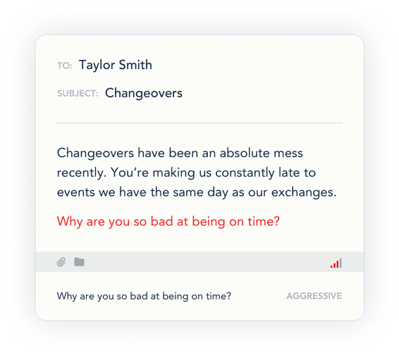 Example of feedback from the ToneMeter™ tool while writing a message, flagging the statement "Why are you so bad at being on time?" as aggressive.