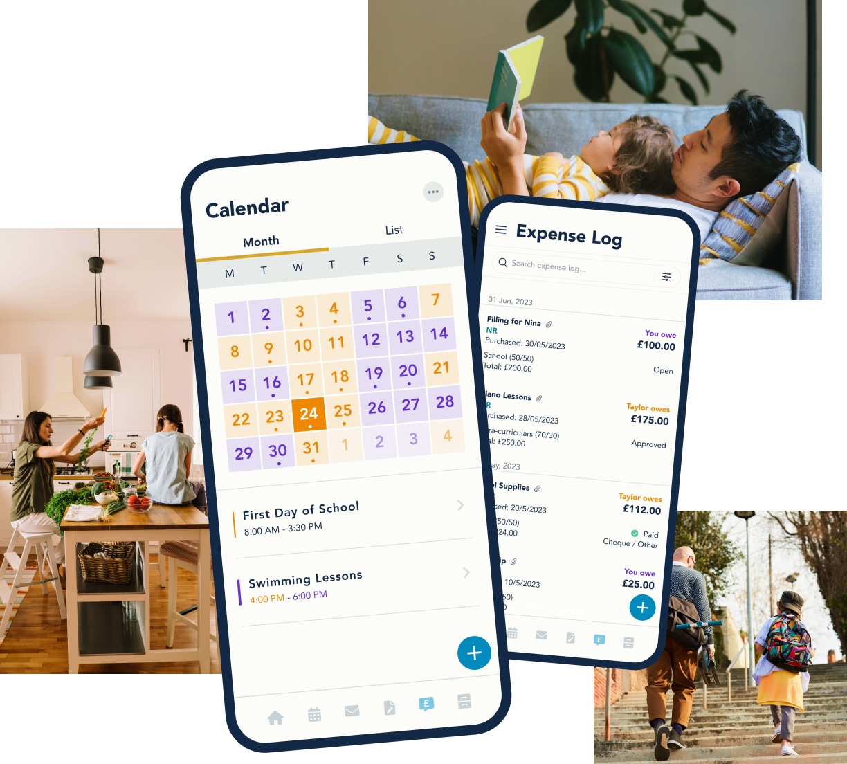 OurFamilyWizard app showing the Calendar and Expense Log