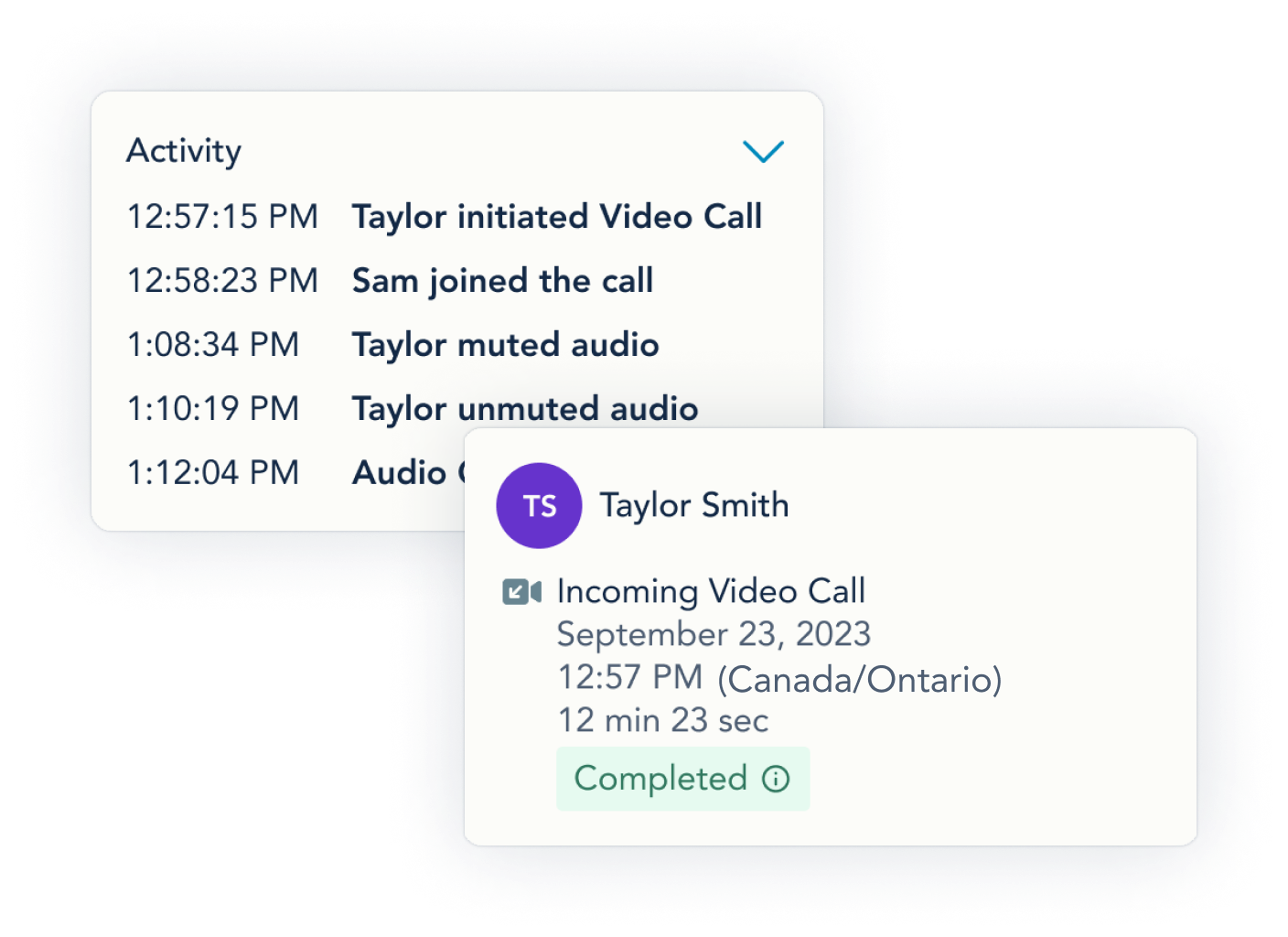 Two images showing call history and call activity