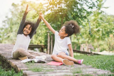 Two siblings cheer together while reading books together in the grass.