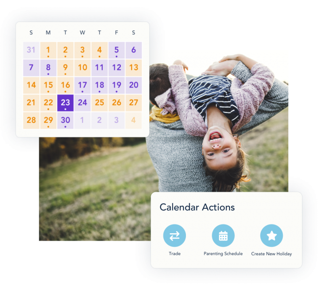 Picture of a month view of a calendar with color coded days depicting which parent has parenting time on which day.