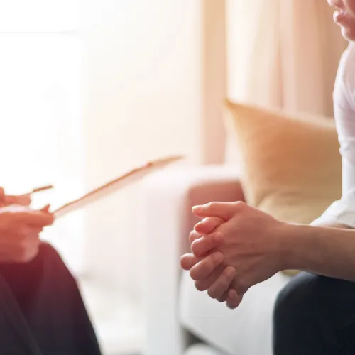 Woman speaks to custody evaluator on couch during a home visit