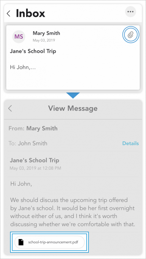 Messages with attachments will have a paperclip icon on them. Open the message and find all attachments below the message body.