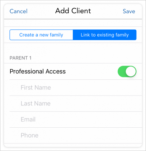 To send an access request to a client already on OFW, tab to 'Link to existing family' on the add client form.