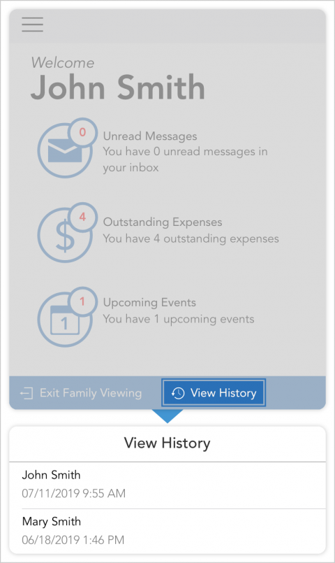 Tap view history in the blue bar at the bottom of the screen in client view mode to see the last time the section was viewed by both parents.