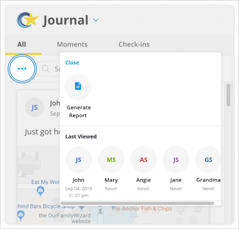 Click the three dots to the left of the search bar to view the 'generate report' option for journal entries.