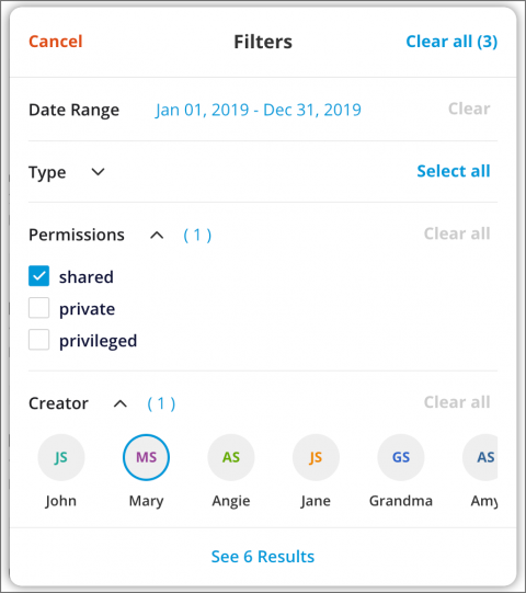 Use filters in MyFiles to view files that meet certain specifications.