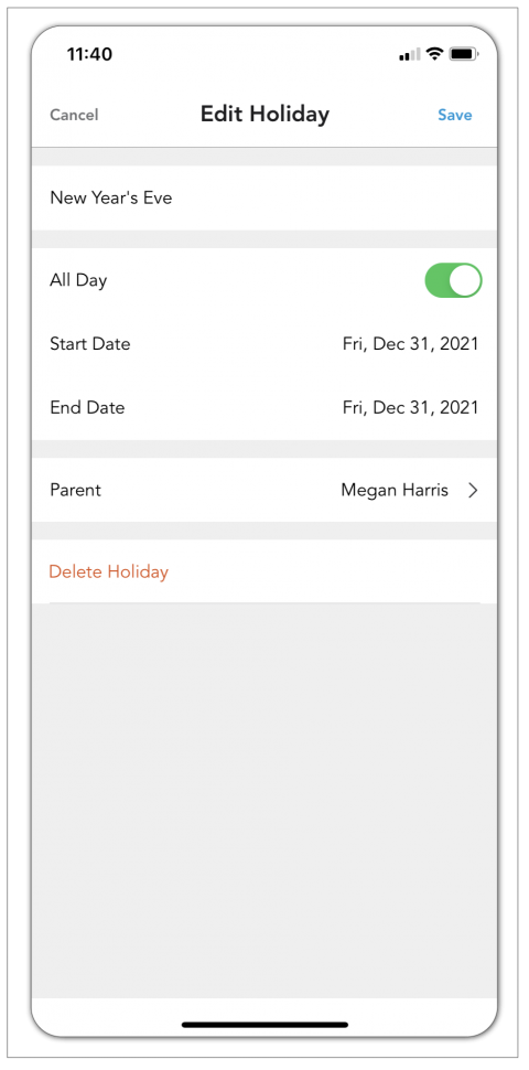 Edit or delete upcoming holidays from the Holidays tool in the OurFamilyWizard mobile app.